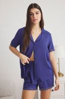 Trendyol Indigo Plain Lace Shally Woven Pajama Set