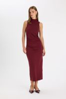 DEFACTO Bodycon Fitted Basic Plain Half Turtleneck Sleeveless Maxi Burgundy Dress