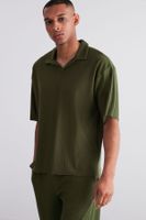 Trendyol Limited Edition Khaki Oversize/Wide Cut Textured Wrinkle-Free Ottoman Polo Neck T-Shirt