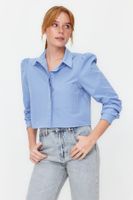 Trendyol Light Blue Shoulder Detailed Crop Fitted Waist-Catted Patterned Woven Shirt