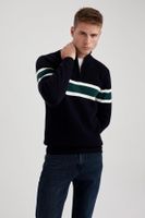 DEFACTO Navy Blue Standard Fit Regular Cut Stand Collar Zippered Striped Knitwear Sweater