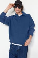 Trendyol Basic Indigo Oversize/Wide Cut Shirt Collar Pocket Fleece Thick Sweatshirt