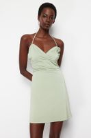 Trendyol Light Green A-Cut Floral Detailed Knitted Short Elegant Evening Dress