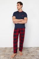 Trendyol Navy Blue Regular Fit Plaid Knitted Pajama Set