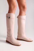 Shoeberry Women's Larissa Beige Skin Buckle Riding Boots Beige Skin