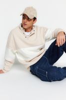 Trendyol Beige Oversize/Wide Cut Snap Fastener Stand Collar Color Blocked Fleece Cotton Sweatshirt