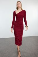 Trendyol Burgundy Fitted Asymmetrical Collar Knitted Chic Evening Dress