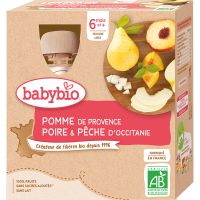 Babybio BIO jablko, hruška, broskev ovocný príkrm 4x90 g