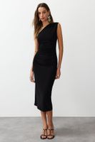 Trendyol Black One Shoulder Draped Fitted Flexible Knitted Midi Pencil Dress