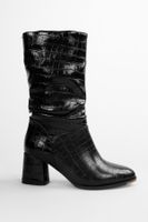 Shoeberry Women's Nollie Black Crocodile Heeled Gusseted Boots