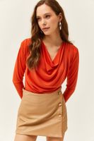 Olalook Women's Orange Waistband Pleated Roll Up Collar Blouse