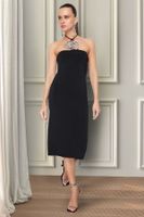 Trendyol Black Lined Knitted Elegant Evening Dress with Shiny Stone Accessories