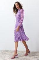 Trendyol Lilac Shawl Patterned Lined Flounced Chiffon Midi Woven Dress