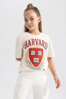 DEFACTO Girls Harvard University Oversize Wide Pattern Crew Neck Short Sleeve T-Shirt