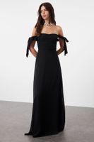 Trendyol Black A-Line Carmen Neck Woven Chiffon Elegant Evening & Graduation Dress