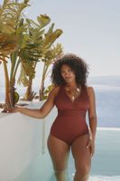 Trendyol Curve Burgundy V-Neck Textured Swimsuit