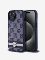 DKNY PU Leather Checkered Pattern and Stripe Zadní Kryt pro iPhone 15 Blue Etui za telefon plava