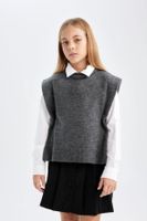 DEFACTO Girl's Anthracite Crew Neck Plain Sweater