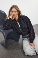 Trendyol Black Oversize Pattern Seasonal Embroidered Thin Bomber Coat