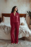 Trendyol Burgundy Rose Accessory Detailed Viscose Woven Pajama Set