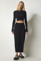 Happiness İstanbul Women's Black Ribbed Knitwear Crop Skirt Suit