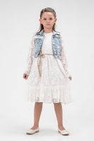 Trendyol Girl's Ecru Lace Detailed Denim Vest Belted Long Sleeve Dress Set Suit