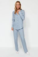 Trendyol Blue 100% Cotton Gingham Knitted Pajama Set