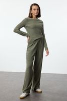 Trendyol Khaki High Collar Gather Detailed Normal Waist Wideleg/Wide Leg Knitted Bottom-Top Set