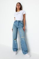 Trendyol Blue Pale Effect Vintage Ripped Detailed Low Waist Wide Leg Jeans