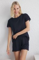 Trendyol Dark Navy Lace Detailed Knitted Pajama Set