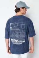 Trendyol Indigo Oversize/Wide Cut Faded Effect Text Printed 100% T-Shirt