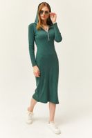 Olalook Women's Green Zippered Hooded Thick Ribbed Midi Dress Elb- 19002028