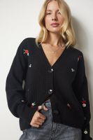 Happiness İstanbul Women's Black Floral Embroidered Buttoned Knitwear Cardigan