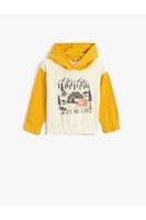 Koton Teddy Bear Printed Hooded Sweat with Color Contrast Cuffs and Elastic Waist