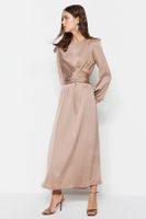 Trendyol Beige Cross-Lace Detailed Satin Evening Dress
