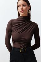 Trendyol Brown Pleated Square Neck Body-Smoothing Flexible Knitted Blouse