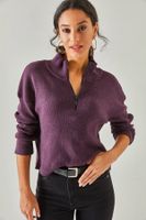 Olalook Women's Plum Zippered High Collar Rose Gold Sweater