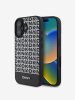 DKNY PU Leather Repeat Pattern Bottom Stripe MagSafe Zadní Kryt pro iPhone 16 Black Etui za telefon ljubičasta