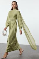 Trendyol Green Belt Detailed Satin Woven Evening Dress