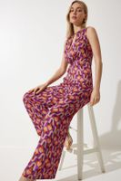 Happiness İstanbul Woman's Purple Beige Patterned Satin Jumpsuit