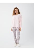 LC Waikiki Women's Crew Neck Patterned Long Sleeve Fleece Pajamas Set