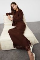 Trendyol Dark Brown Tassel Detailed Knitwear Cardigan Dress Bottom-Top Set