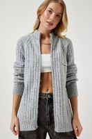 Happiness İstanbul Women's Gray Zippered Knitwear Cardigan