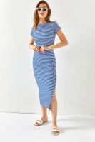 Olalook Women's Striped Saxe Blue Short Sleeve Slit Skirted Lycra Suit