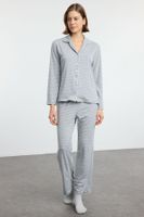 Trendyol Gray Melange Striped Soft Touch Piping Viscose Knitted Pajama Set