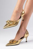 Mio Gusto Alexa Metallic Gold Color Pointed Toe Bow Accessory Women's Heeled Party and Evening Shoes