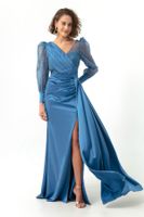 Lafaba Women's Indigo Double Breasted Neck Silvery Long Satin Evening Dress
