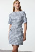 Trendyol Blue Houndstooth Straight Cut Button Detailed Tweed Woven Dress
