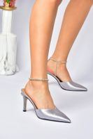 Fox Shoes Silver Satin Fabric Buckle with Stones Heeled Shoes