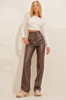 Trend Alaçatı Stili Women's Brown Knee-stitched Faux Leather Palazzo Pants with Pocket